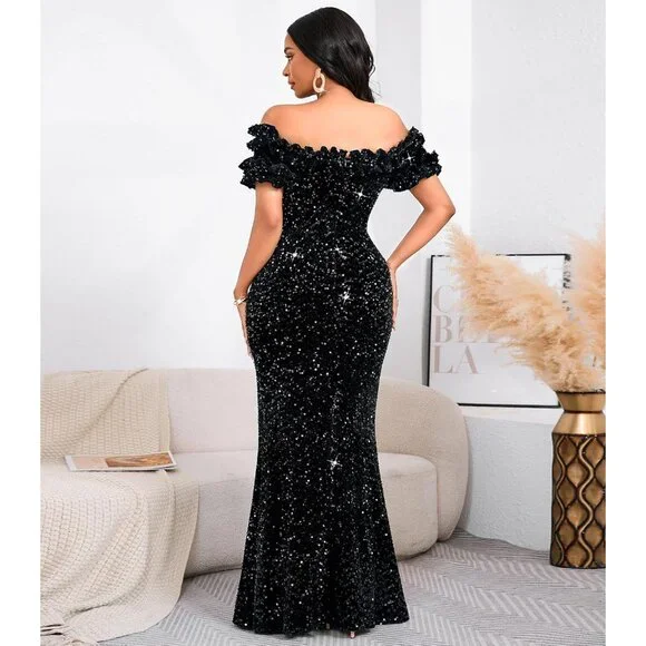 Women Sexy Sequin Off Shoulder Ruffle Short Sleeve Bodycon Mermaid Party Formal